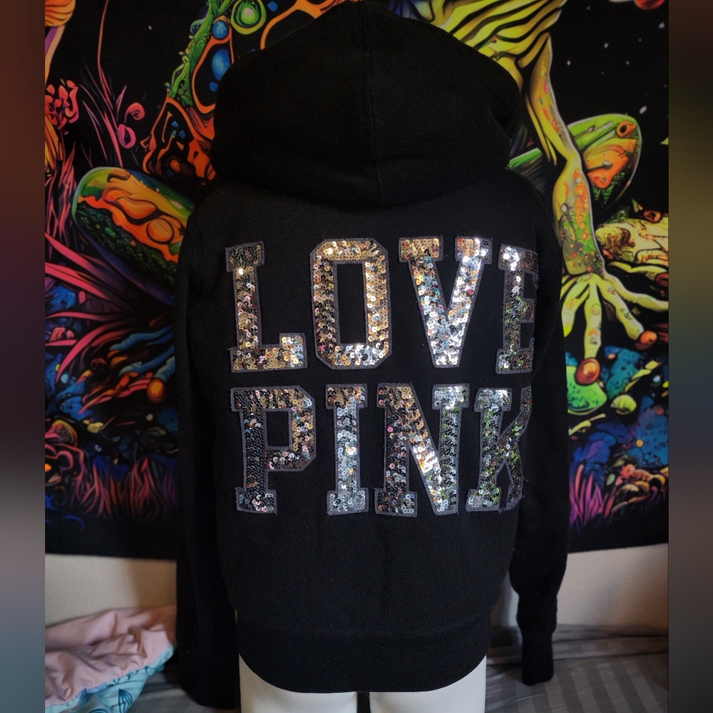 Rare Victoria's Secret Pink Love Pink Bling Sequins Full Zip Hoodie Black Medium